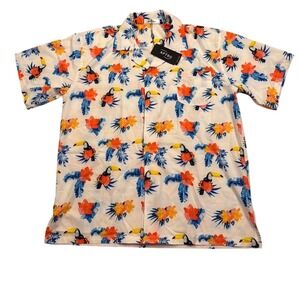 Aptro‎ Mens XL Tropical Toucan Hibiscus Button Down Shirt White Short Sleeve New